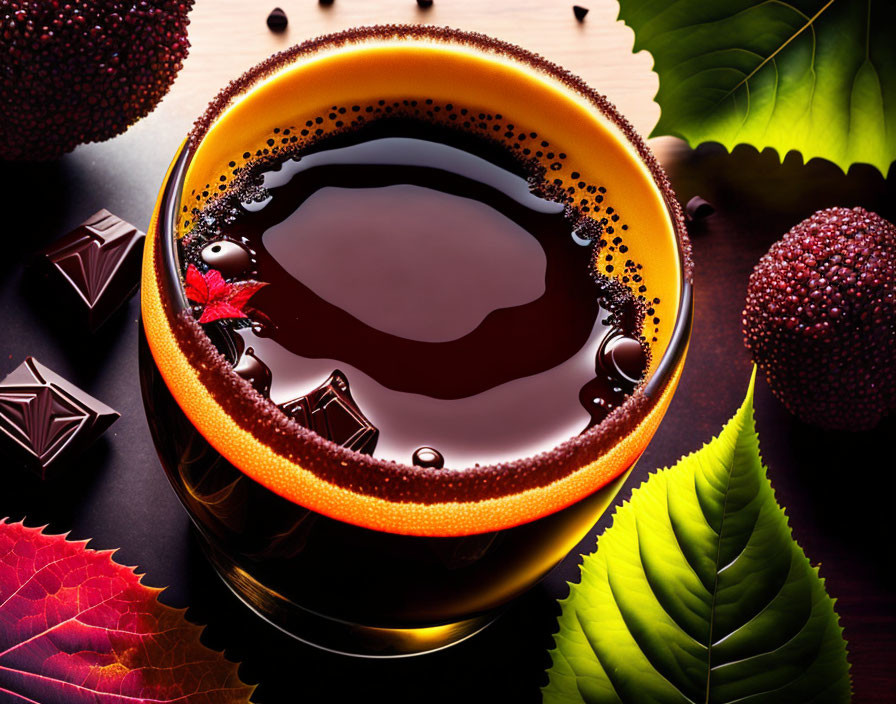 Autumn-themed coffee cup with leaves, chocolate, and berries