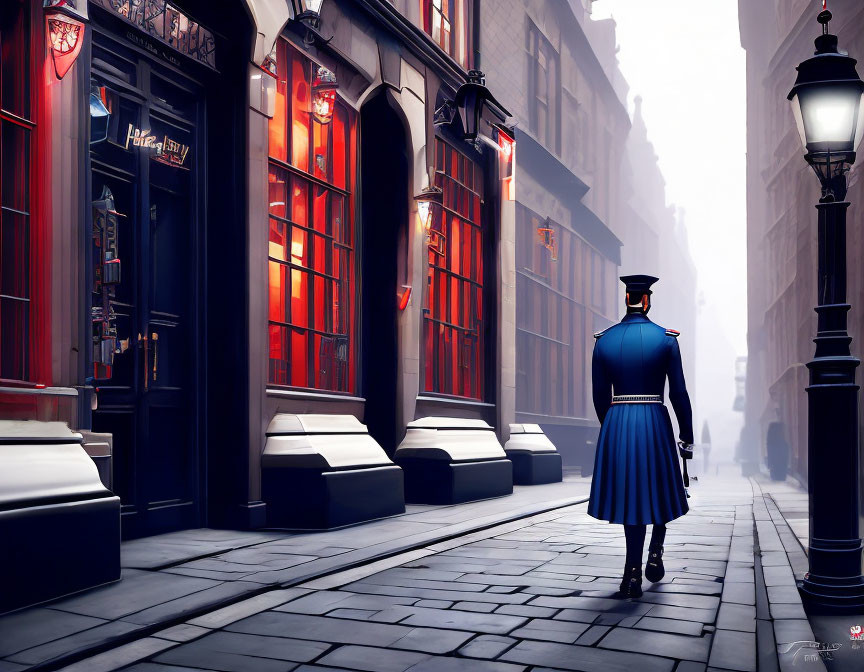 Uniformed Figure Strolling Misty Cobblestone Street