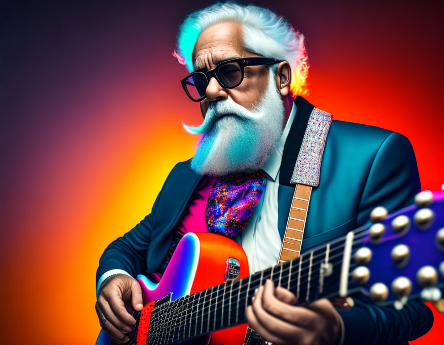 Colorful Beard Elderly Man Playing Electric Guitar on Vibrant Background