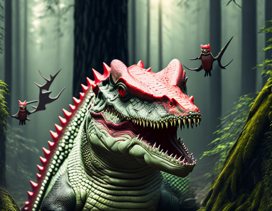 Red and Green Toy Dinosaur in Forest with Winged Fantasy Creatures