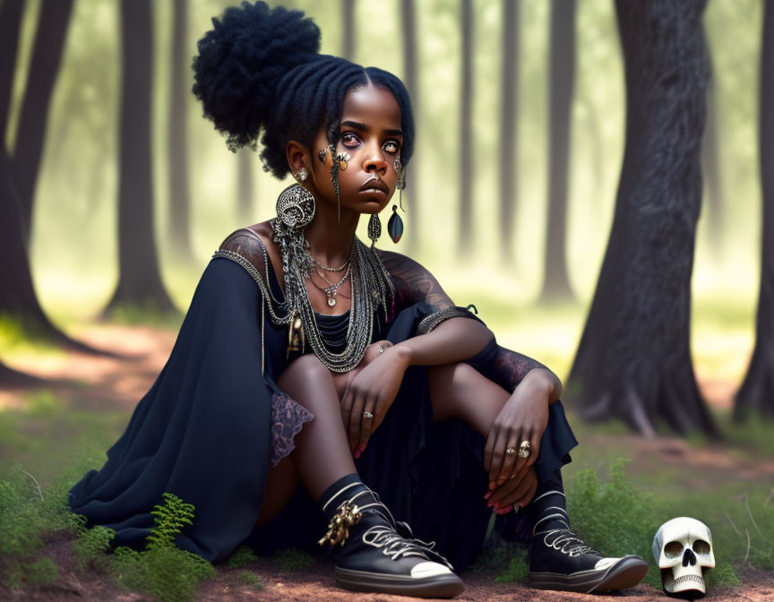 Somber girl with tribal jewelry in dark outfit near skull