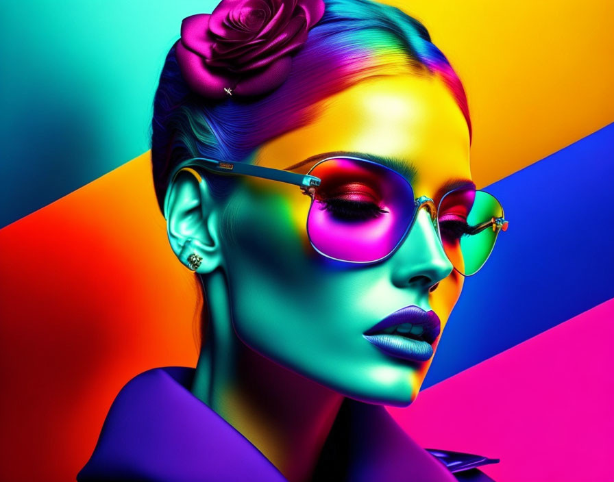 Colorful digital artwork: Woman's face with sunglasses and rose in hair