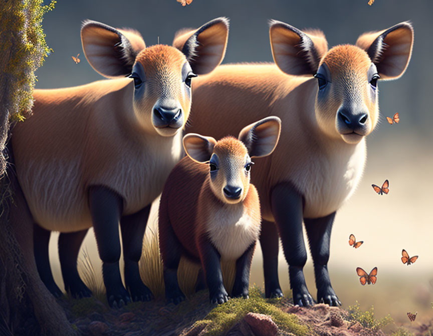 Three gentle-eyed antelope-like creatures in a serene, butterfly-filled environment