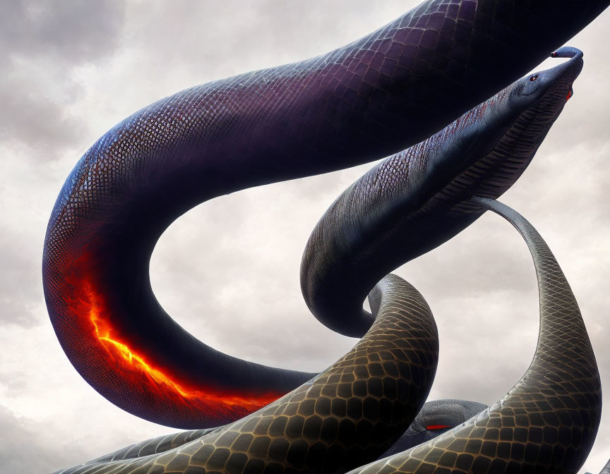 Entwined serpents with glowing red eyes and fiery scales on cloudy sky backdrop