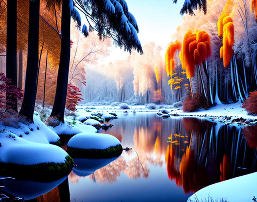 Snow-covered riverside meets vibrant autumnal trees in serene winter scene