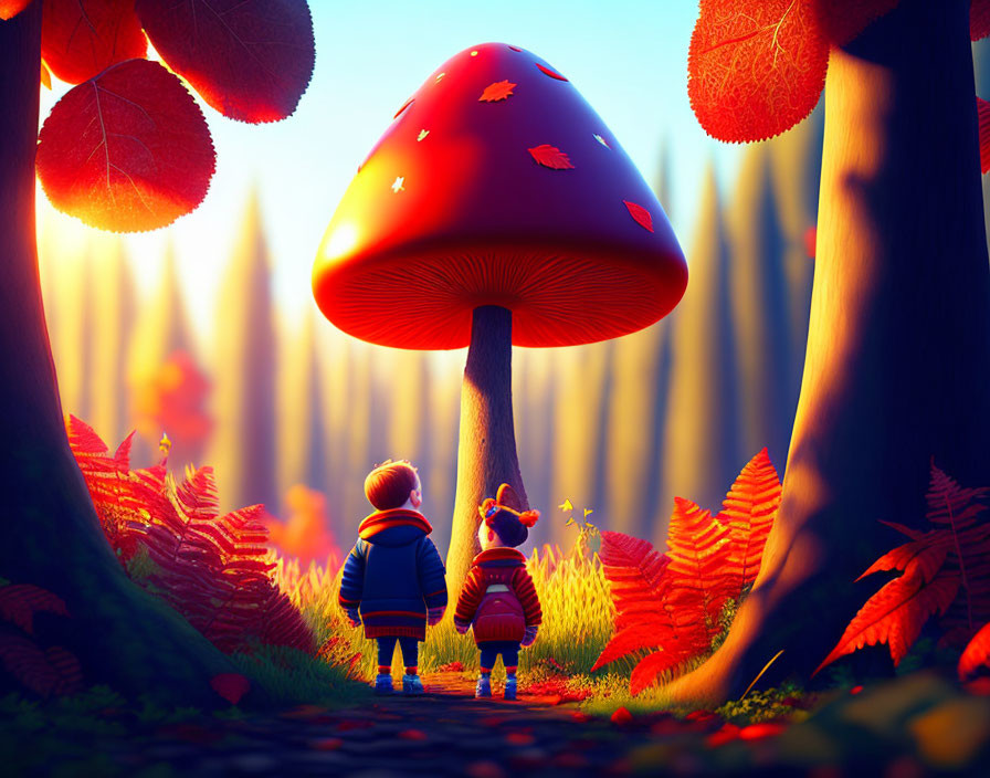 Animated children admire giant red mushroom in forest setting