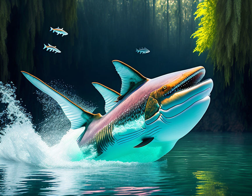 Fantastical shark leaping from water with oversized fins amid small fish and dark wooded backdrop