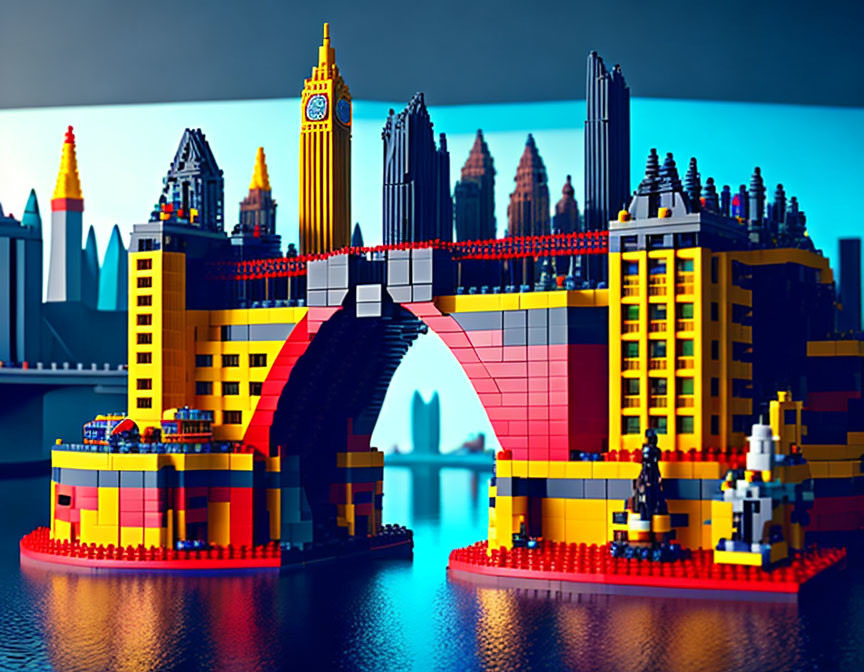 Vibrant LEGO diorama with bridge and iconic buildings on blue surface