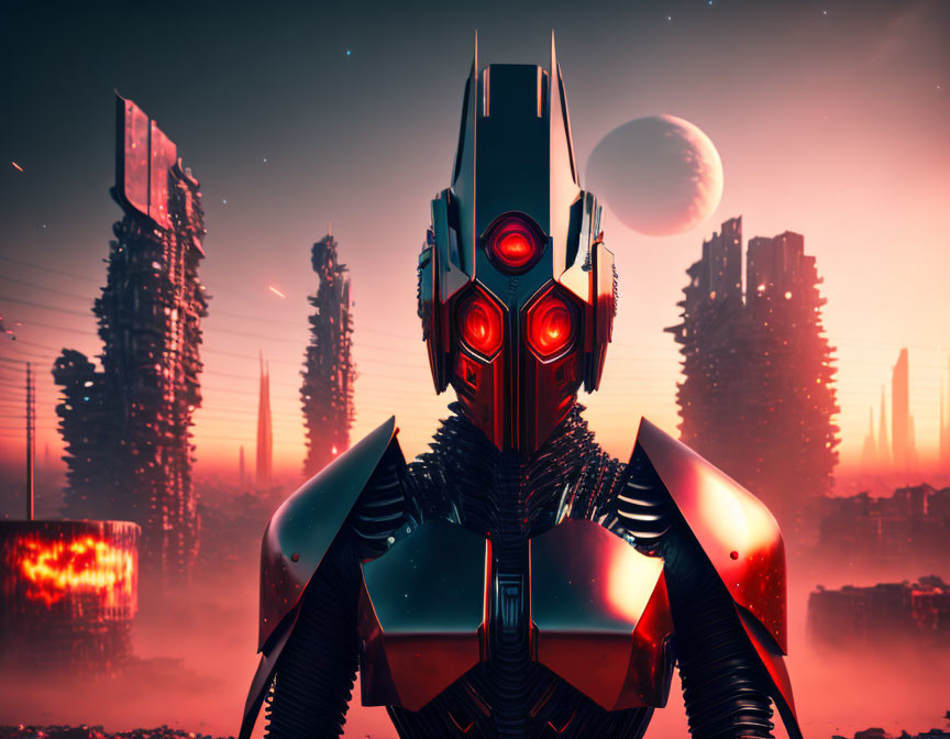 Futuristic robot with red glowing eyes in urban landscape