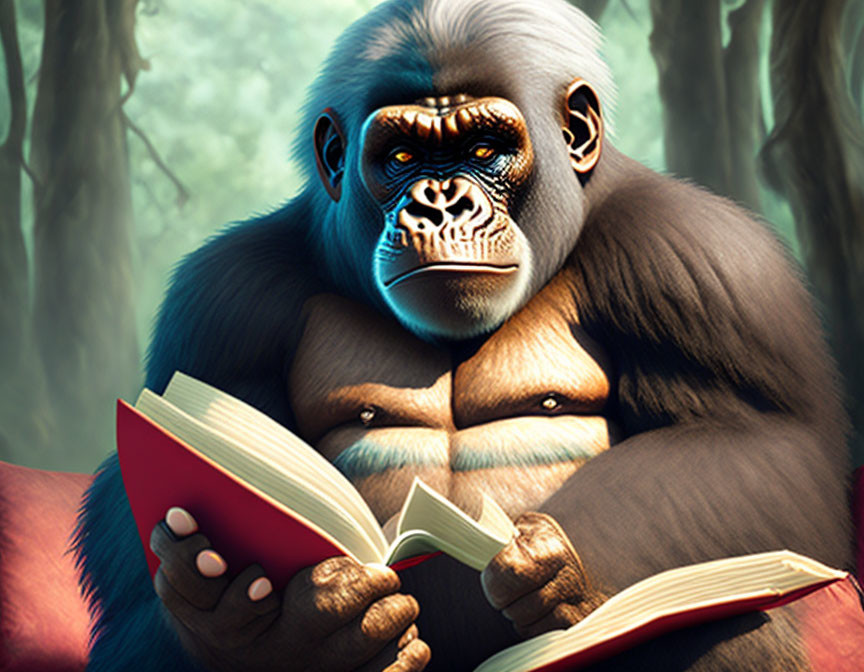 Blue-Faced Gorilla Reading Red Book in Forest Setting