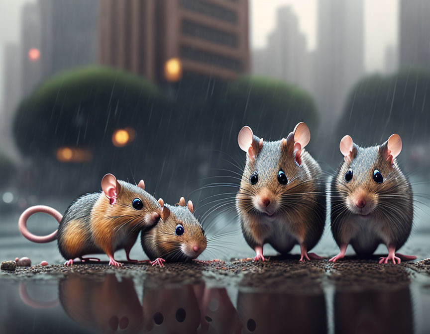 Realistic mice in human-like poses by rainy city street