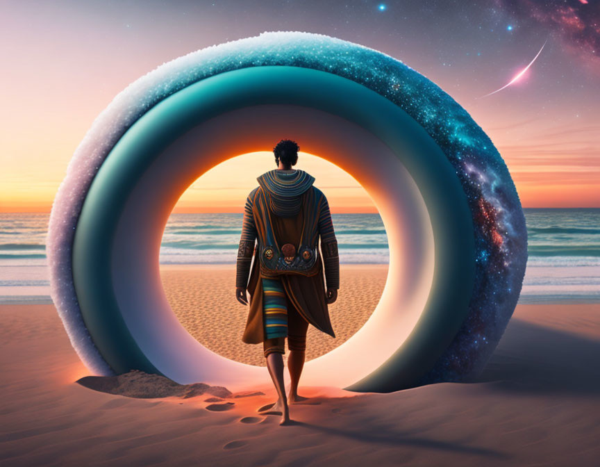 Person standing before glowing ring on beach at sunset with cosmic elements