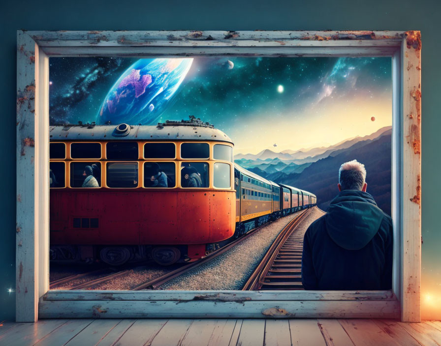 Person gazes at cosmic scene and vintage train through window frame