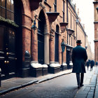 Uniformed Figure Strolling Misty Cobblestone Street