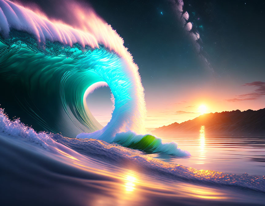 Digital artwork: Neon-lit wave over ocean at sunset