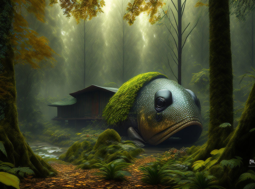 Ethereal forest scene: fish head covered in moss, traditional house, mist, and light beams