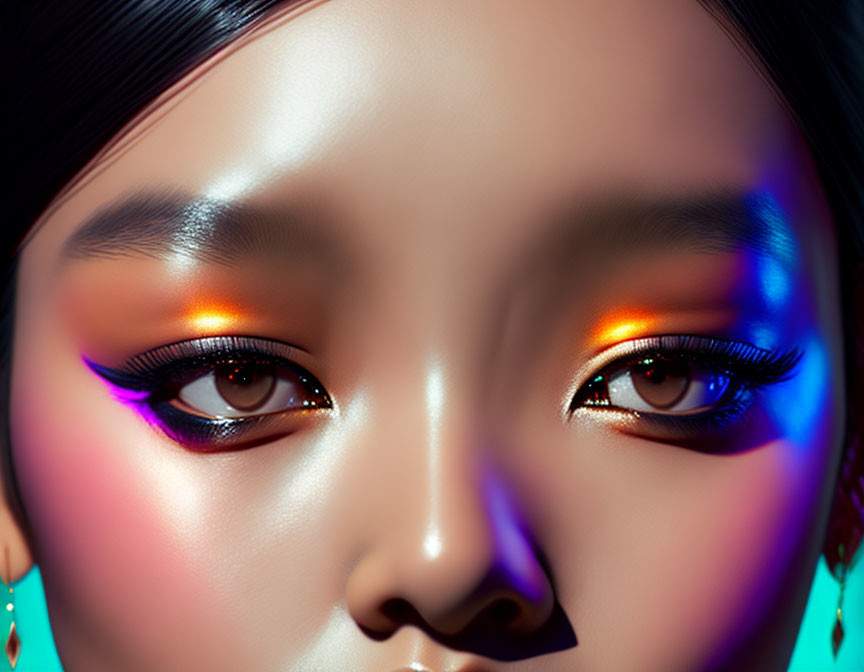 Detailed portrait of woman with glowing skin and colorful makeup