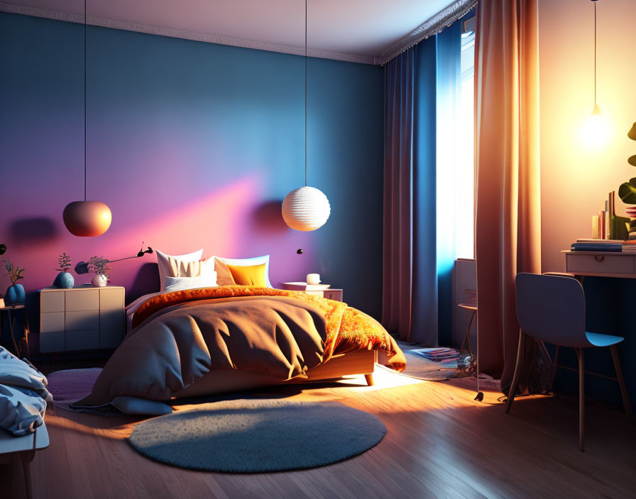 Modern Twilight Bedroom with Warm Lamp, Comfortable Bed, Rug, Plant, and Chair