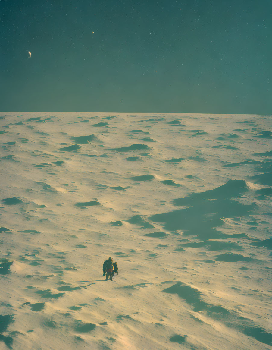 Astronauts exploring barren cratered landscape under crescent moon