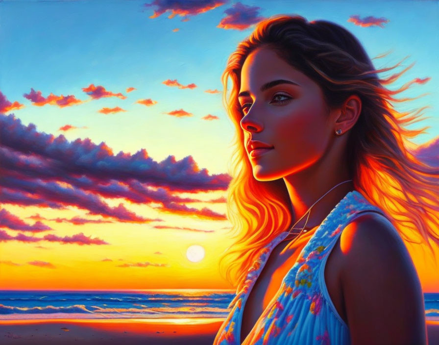 Profile of a serene woman at vibrant ocean sunset