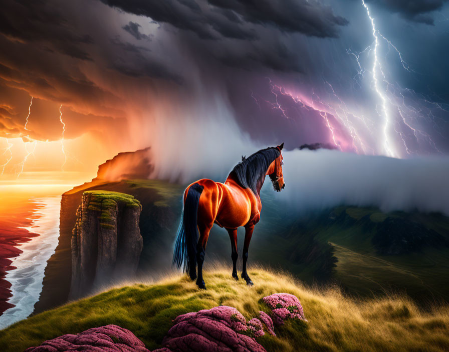 Majestic horse on grassy cliff with dramatic storm clouds and serene sunset sky