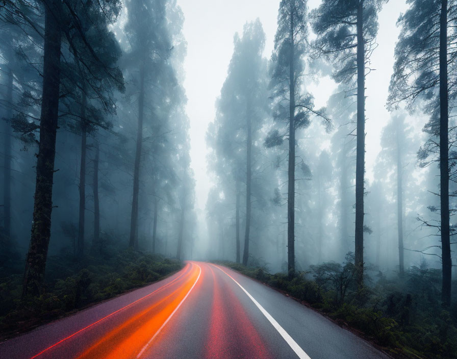 Misty forest road with towering trees and red light trails