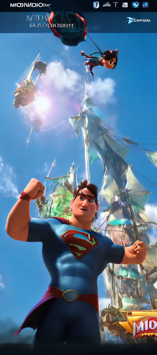 Superhero posing with flying character and damaged ship in clear blue sky