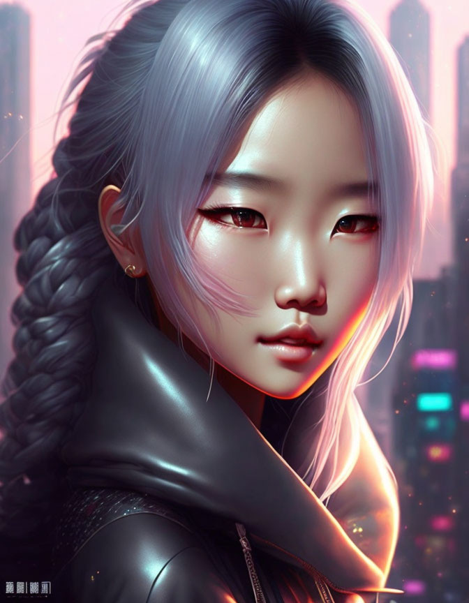 Digital artwork: Woman with silver braided hair, red eyes, black jacket, in neon-lit