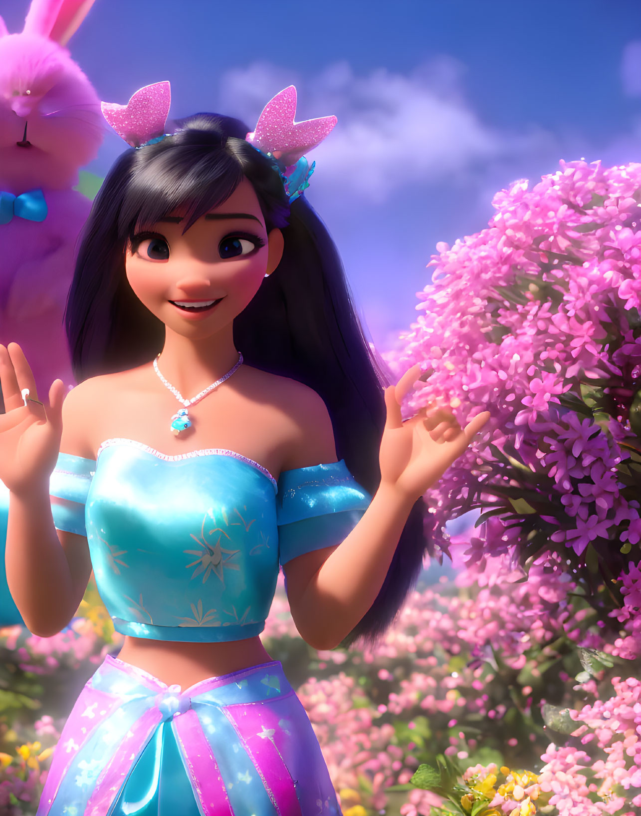 Animated girl with black hair and antlers in blue dress among pink flowers