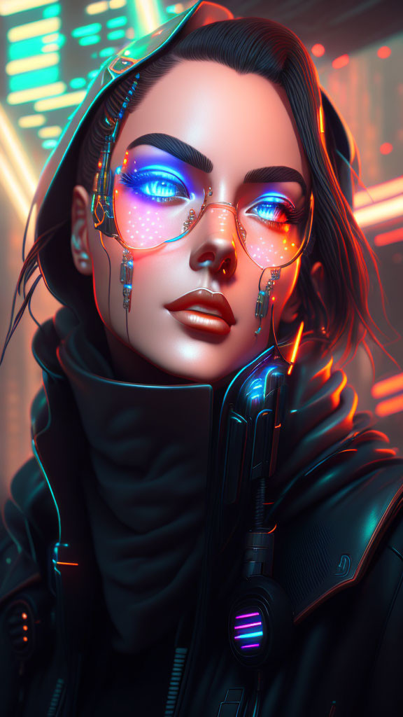 Futuristic digital artwork of a woman in neon-lit cyberpunk setting