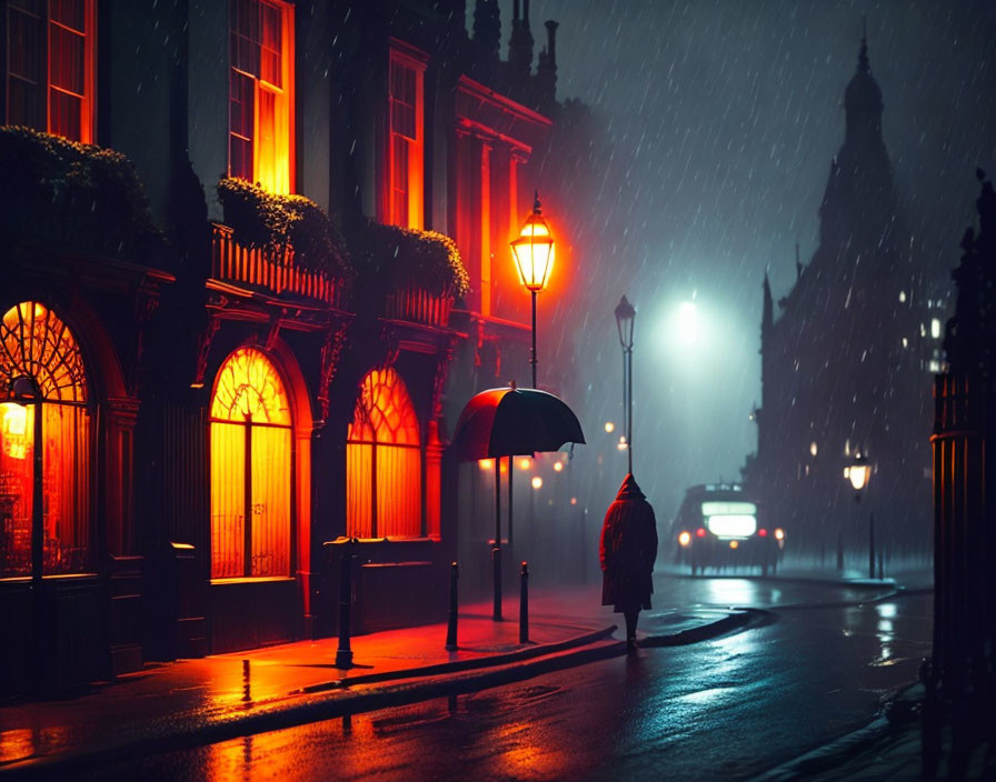 Person with umbrella walking on rain-slicked street at night under warm streetlights and dark sky.