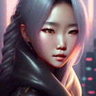 Digital artwork: Woman with silver braided hair, red eyes, black jacket, in neon-lit