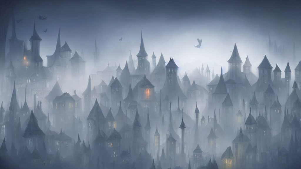 Gothic landscape at dusk: mist, castles, spires, lit windows