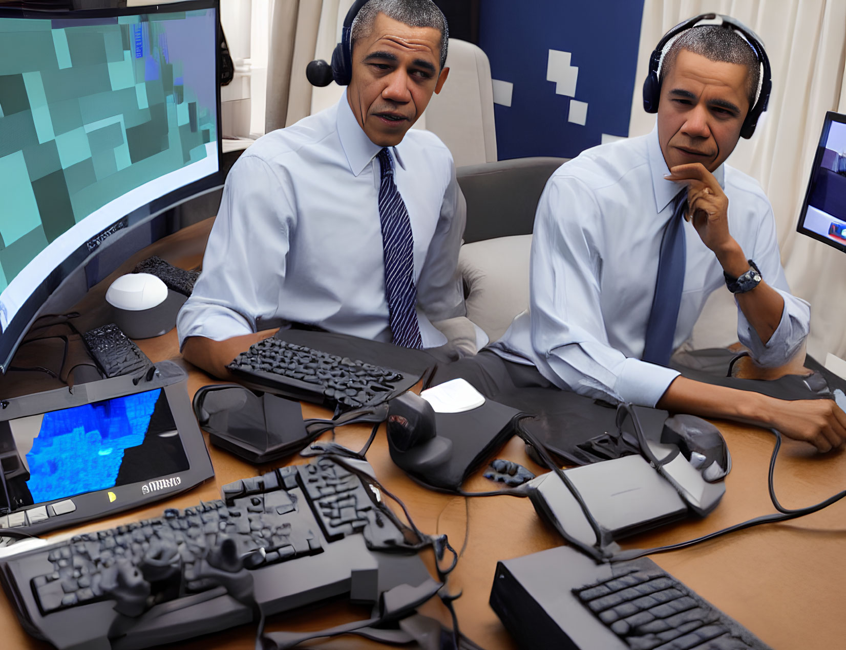 Two people at desk with headsets and tech equipment.