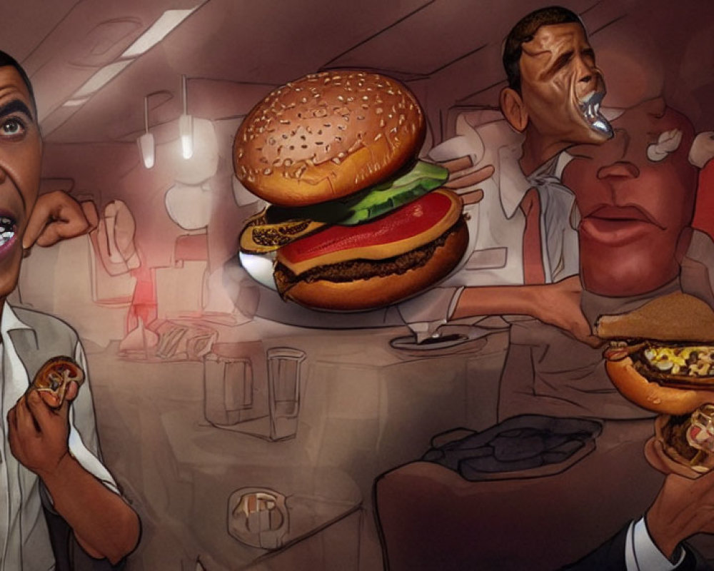 Exaggerated caricature-style illustration of people enjoying fast food in a diner