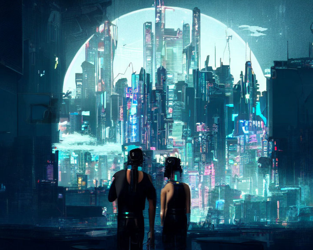 Futuristic cityscape at night with two figures and neon lights