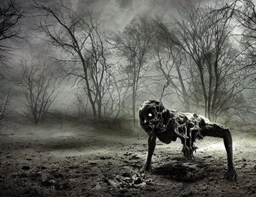 Skeletal zombie-like creature in misty barren forest