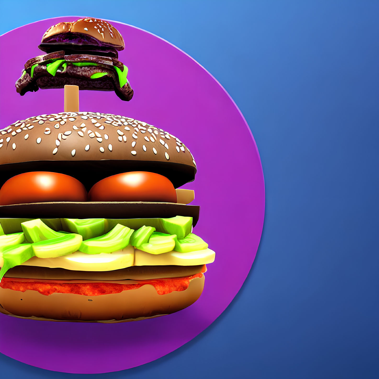 Vibrant stacked burger with exaggerated ingredients on colorful background