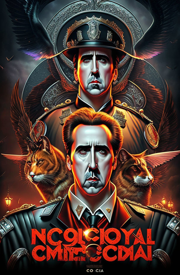 Colorful Nicolas Cage poster with wolves in uniform on red background