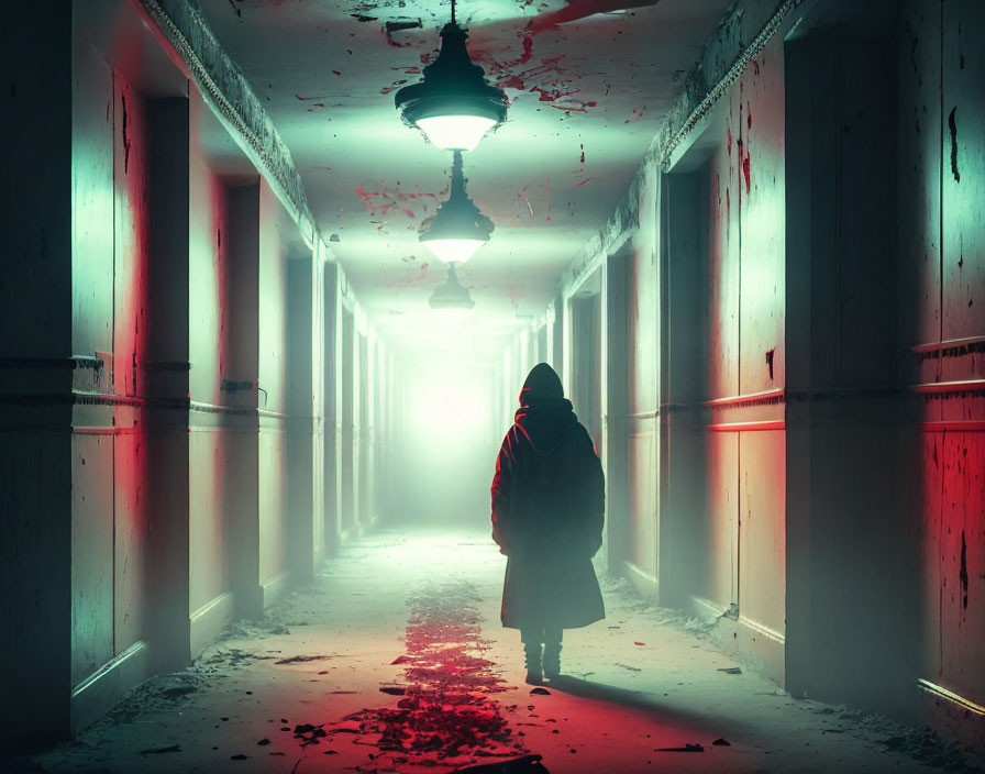 Mysterious Figure in Red Hood in Creepy Corridor with Blood Splatters