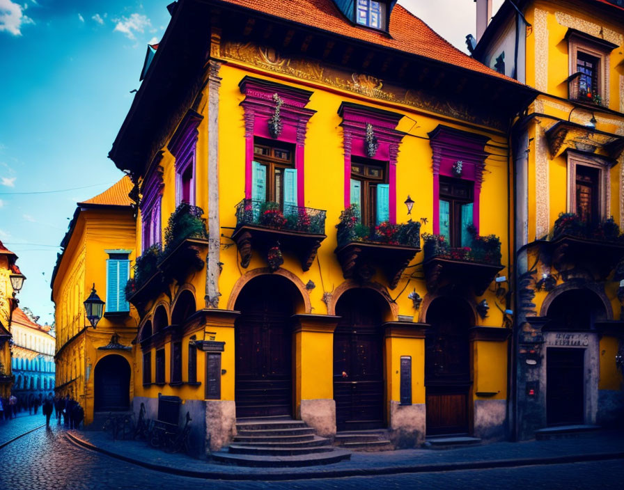 Colorful yellow building with pink shutters on cobblestone street corner at dusk