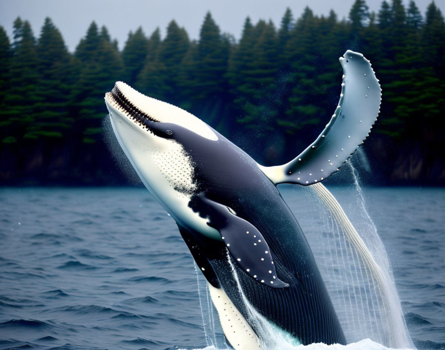 Humpback whale breaching with open mouth and visible pectoral fin against pine trees