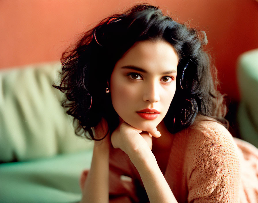 Dark-haired woman with red lipstick gazing intently on soft green backdrop