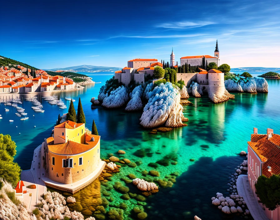 Scenic coastal view: clear blue waters, historic buildings, orange rooftops, white rocky formations,