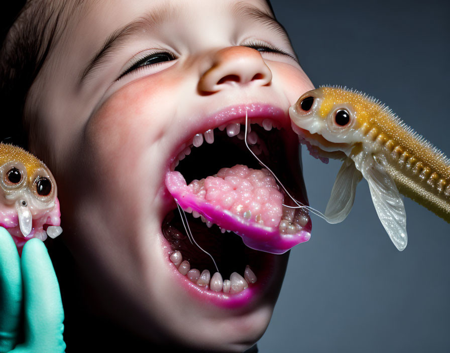 Toddler laughing with toy fishes near mouth