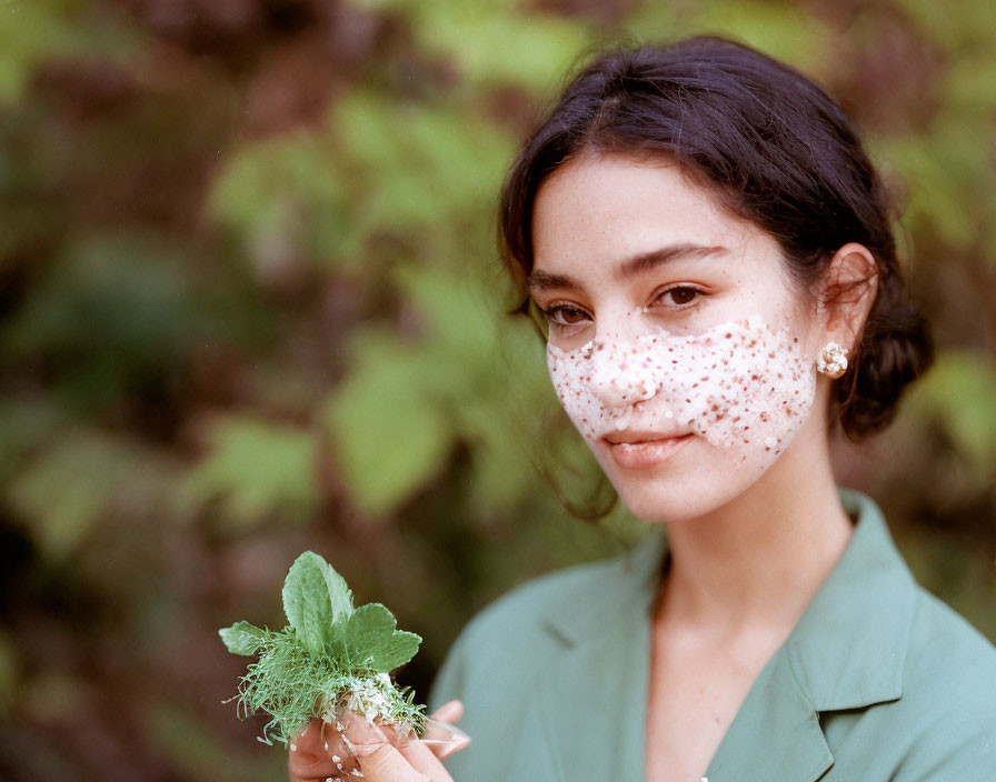 Woman with floral face paint holding plant in green shirt against foliage backdrop