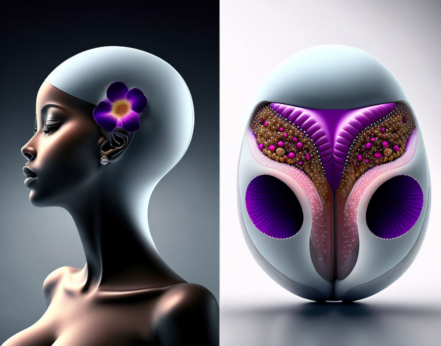 Digital artwork: Stylized woman profile with floral earpiece & ornate purple-gold egg structure