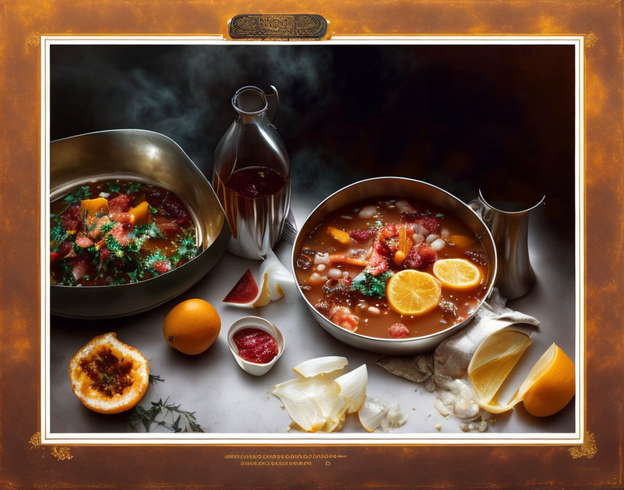 Exquisite food presentation with stew bowls, orange slices, fresh ingredients, and sauce.