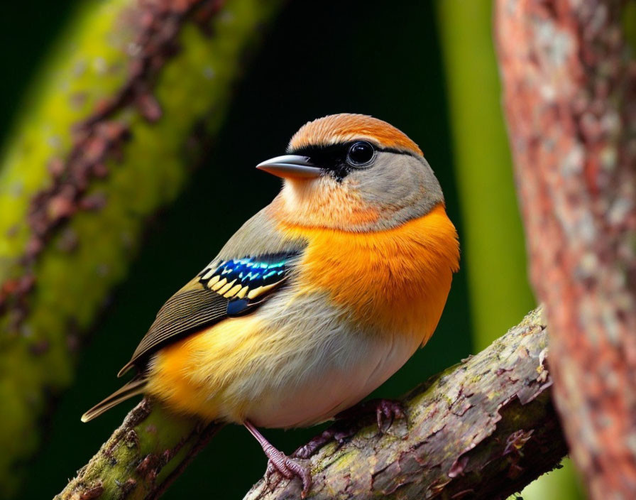 Colorful bird with orange chest, beige head, and blue & white wing patch on branch