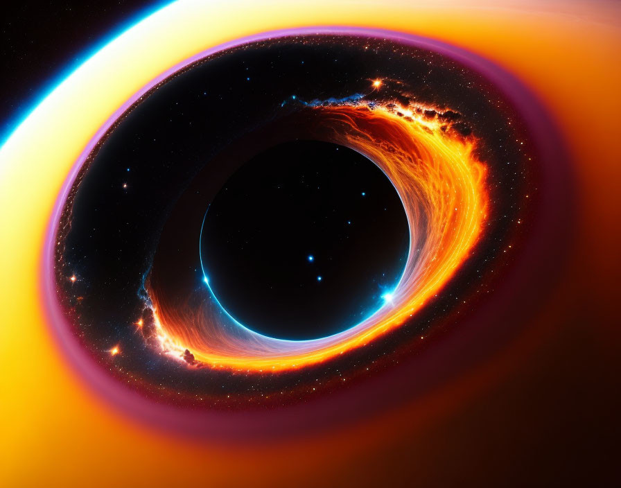 Colorful portrayal of a black hole engulfing matter with radiant rings and vivid gradients on a starry